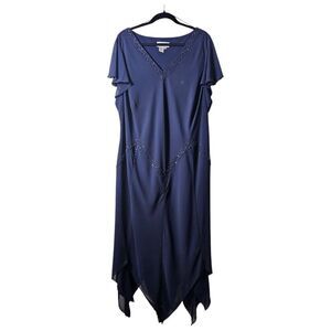 Adrianna Papell 24W Navy Beaded Maxi Dress Flutter Sleeve Drop Waist Wedding MOB